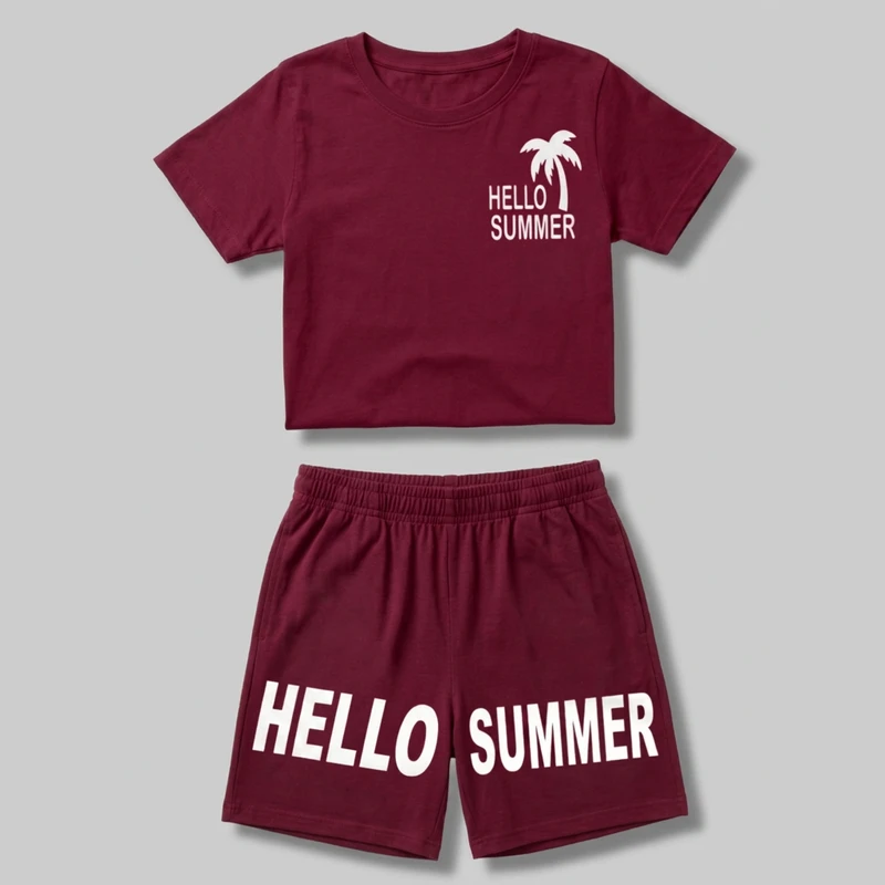 ست تی‌شرت آستین کوتاه و شلوارک راحتی زنانه طرح Hello Summer