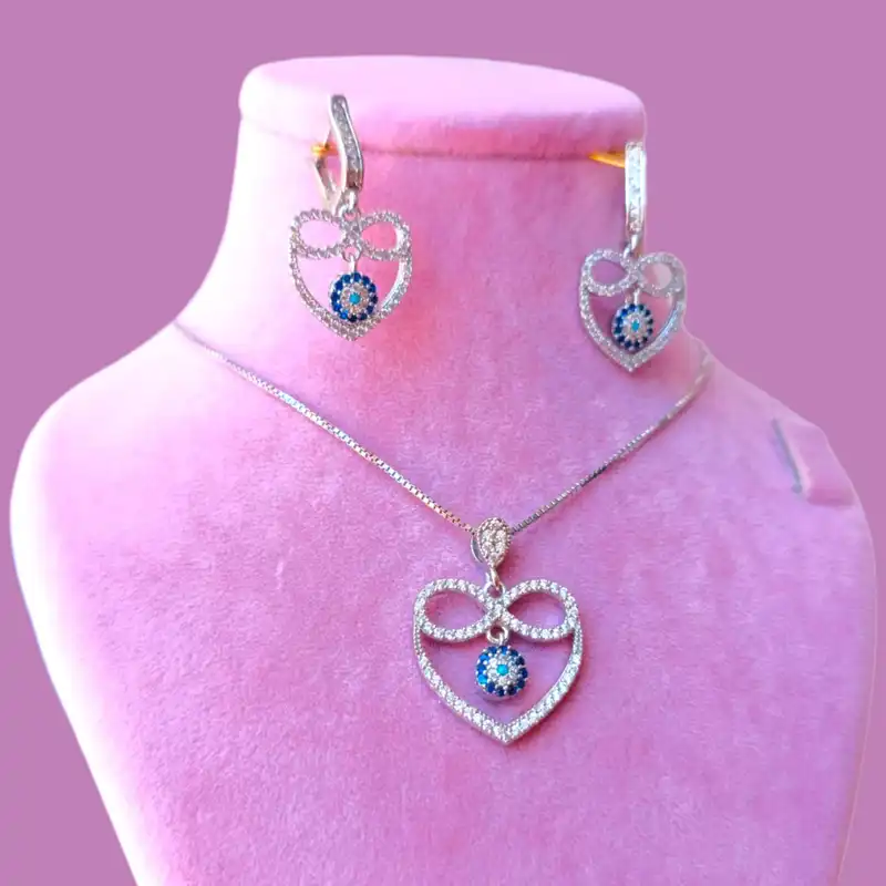 نیم ست نقره زنانه مدل چشم نظر قلب دار