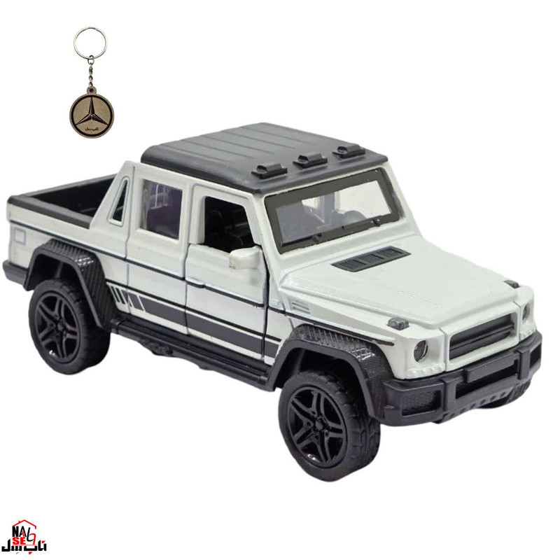 ماکت ماشین فلزی وانت بنز جی کلاس ناب سل مدل MERCEDES BENZ G-CLASS عقبکش، چراغدار و موزیکال با در و صندوق بازشو به‌همراه جاسوییچی