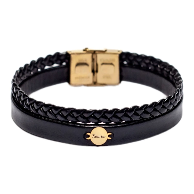 دستبند طلا 18 عیار مردانه با بند چرمی لیردا مدل اسم رامسین 123545