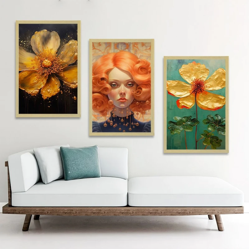 تابلو بکلیت طرح نقاشی مدرن چهره زیبا و گل طلایی مدل BE-1390 مجموعه 3 عددی