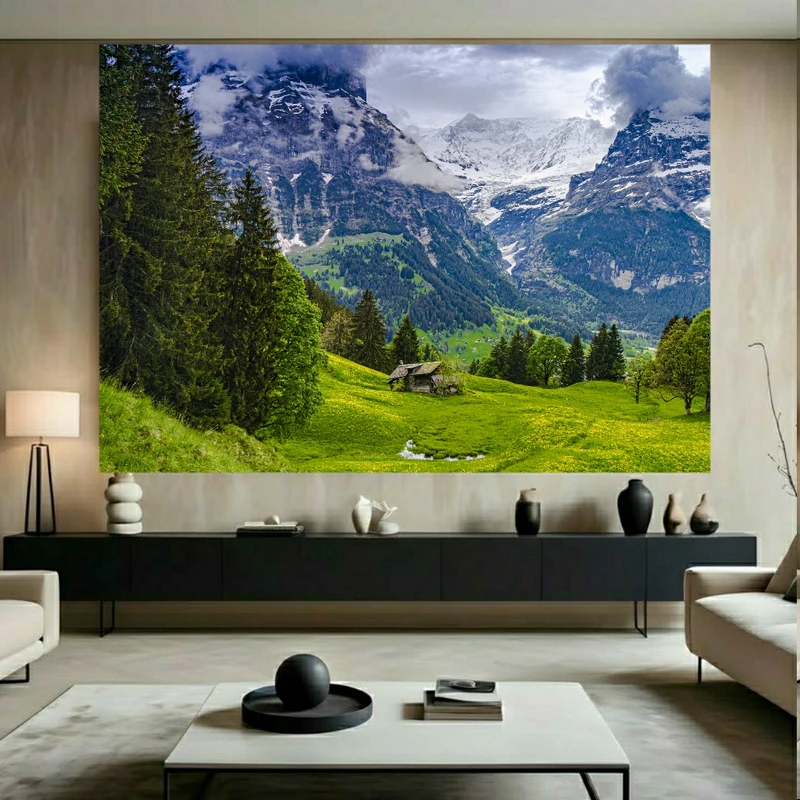 تابلو بوم طرح مخمل منظره کوهستانی مدل کلبه دنج کد FP106192