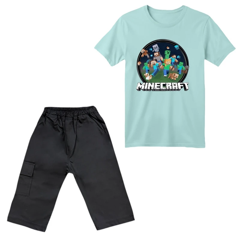 ست تی‌شرت آستین کوتاه و شلوارک پسرانه مدل ماینکرفت کد 006 رنگ آبی روشن