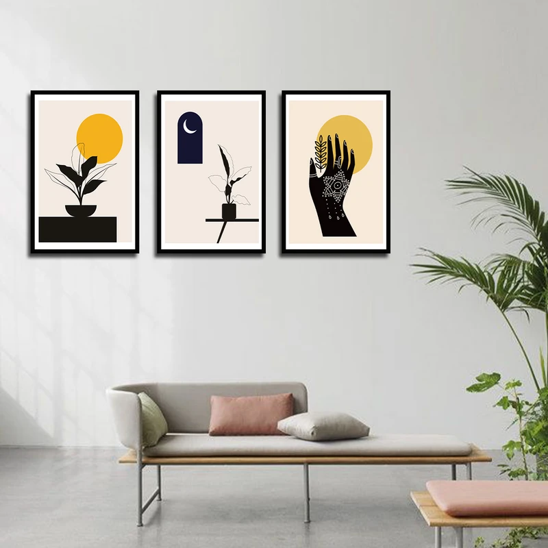 تابلو بکلیت طرح مینیمال دست و برگ مدل B-3245 فریم مشکی مجموعه 3 عددی