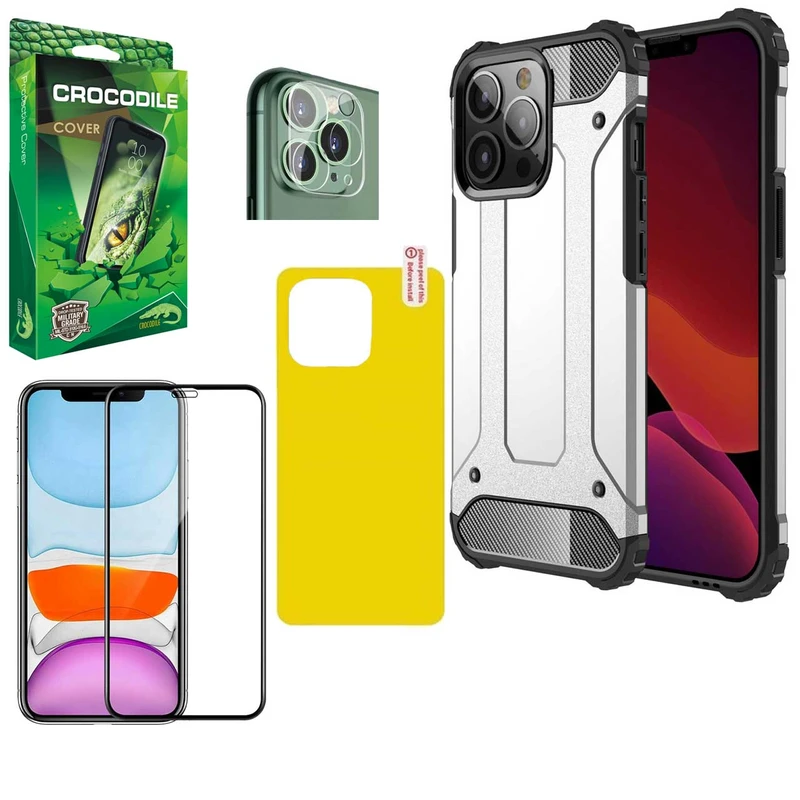 کاور کروکودیل مدل C-Defender مناسب برای گوشی موبایل اپل Iphone 13 Pro Max به همراه محافظ صفحه نمایش و محافظ لنز دوربین و برچسب محافظ پشت گوشی