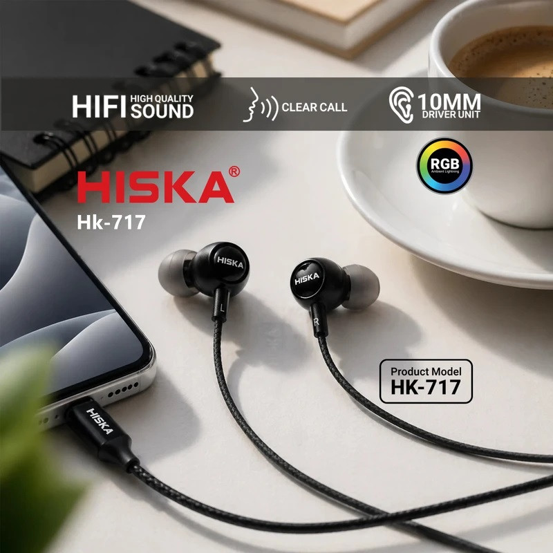 هندزفری توگوشی هیسکا مدل HK-717 RGB، با اتصال سیمی USB Type-C، درایور 10 میلی‌متری، نویز کنسلینگ بدنه و کلید مدیریت میزان صدا