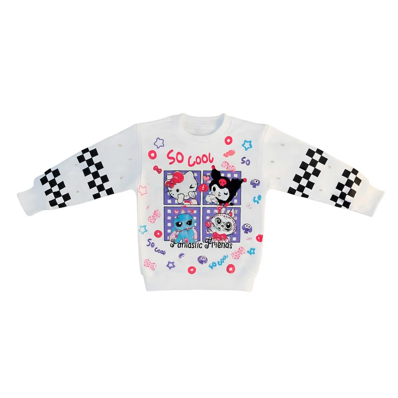 تی‌شرت آستین بلند دخترانه مدل کرومی ملودی طرح نگین دار