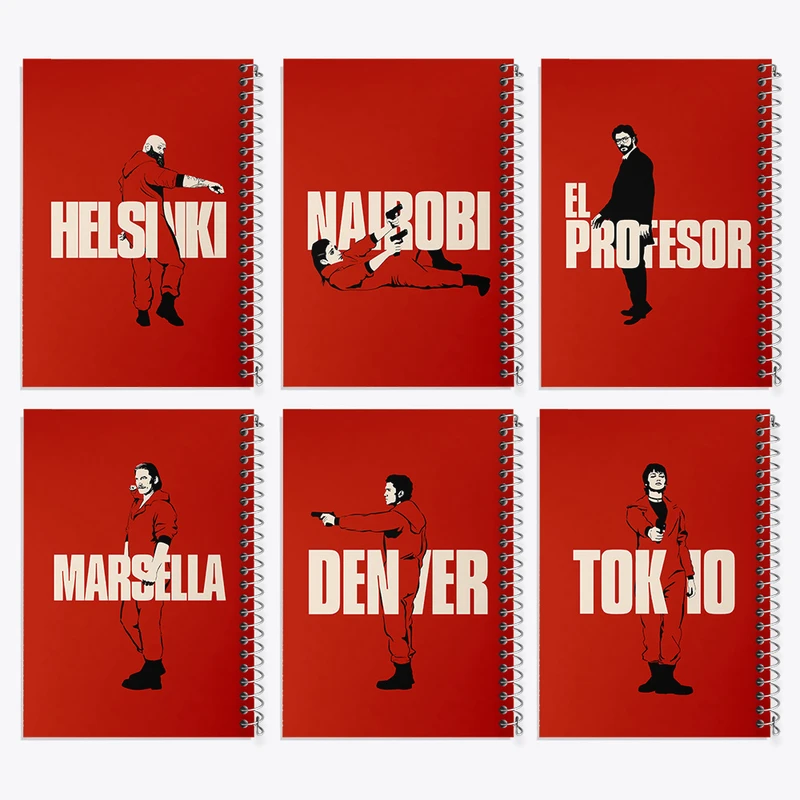 دفتر نقاشی 50 برگ خندالو طرح خانه ی کاغذی (Money Heist) کد 918 مجموعه 6 عددی