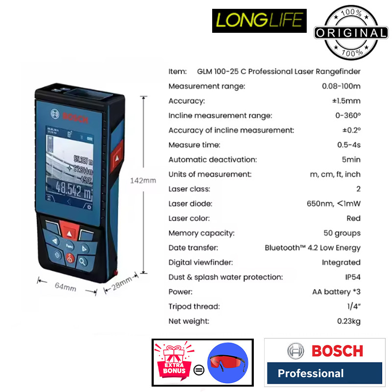 متر لیزری بوش مدل دوربین دار GLM 100-25 C professional Extra Red glass