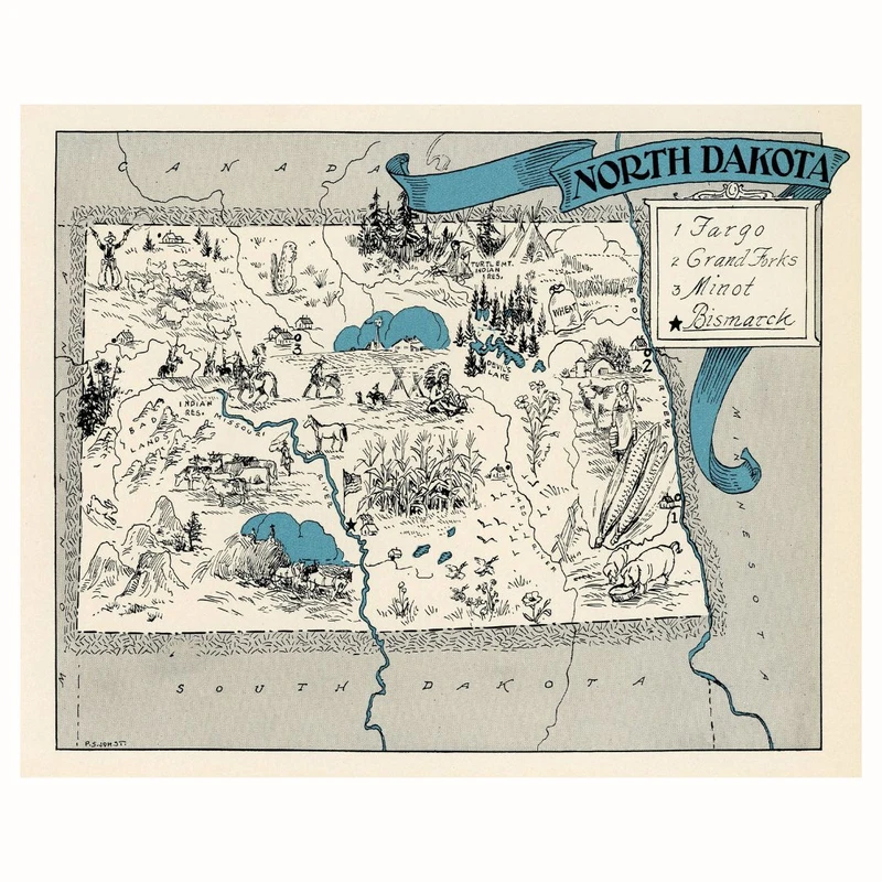 پوستر مدل وینتیج نقشه -نقشه داکوتای شمالی