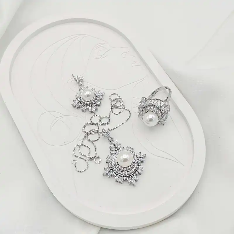 نیم ست نقره زنانه مدل مروارید BARF91