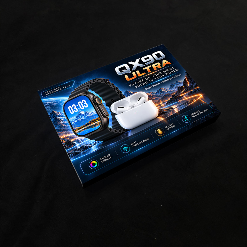 ساعت هوشمند 49 میلی متری مدل QX90 ULTRA با بند سیلیکونی همراه با هدفون بلوتوثی 