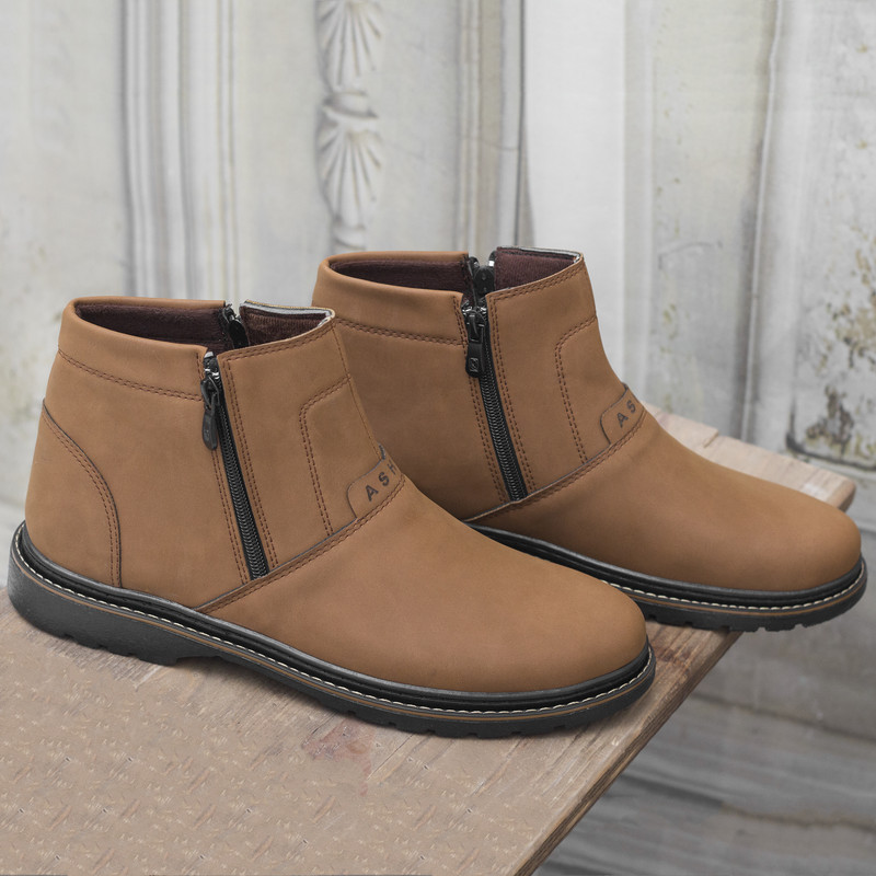 نیم بوت مردانه مدل دو طرف زیپ رنگ عسلی تیره