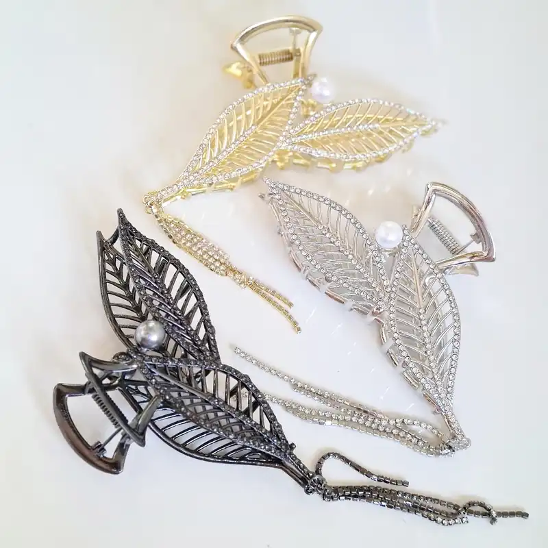 کلیپس مو زنانه مدل برگ نگین‌دار آویزدار بزرگ کد brg 1156