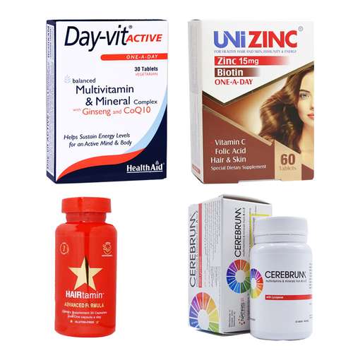قرص یونی زینک بسته 60 عددی به همراه مکمل هیرتامین بسته 30 عددی و دی ویت مینرال هلث اید بسته 30 عددی و مولتی ویتامین سربروم ناتیریس بسته 30 عددی