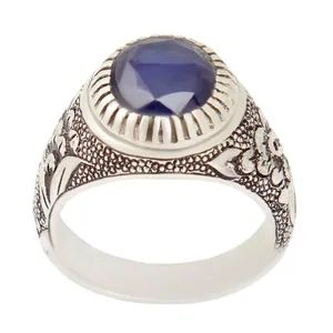 انگشتر نقره مردانه بازرگانی میلادی مدل سنگ یاقوت کبود رکاب دست ساز کد AM_2456