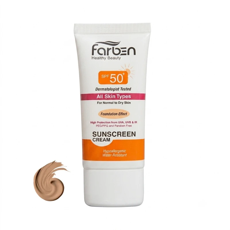 کرم ضد آفتاب رنگی SPF50 فاربن مناسب دست و صورت مدل protection AST_NB محافظت کننده در برابر اشعه UVA ،UVB مناسب انواع پوست حجم 50 میلی‌لیتر