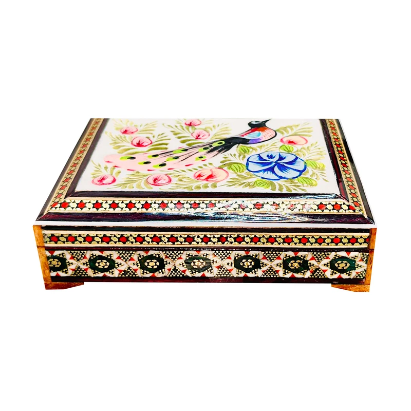 جا کارتی خاتم کاری چوبی صنایع دستی فاخر مدل درب دار طرح نقاشی برجسته گل و مرغ کد 11p8