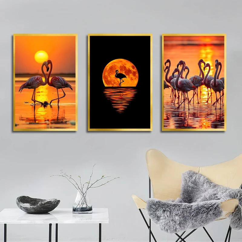 تابلو بکلیت طرح طبیعت غروب و فلامینگو مدل T-3221 فریم طلایی مجموعه 3 عددی
