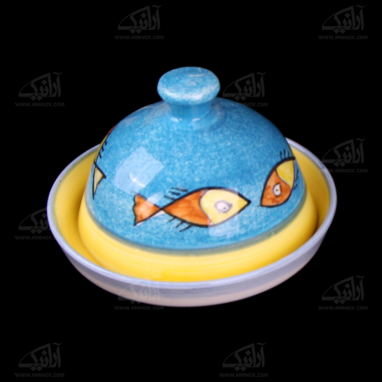 ظرف کره وپنیر سفالی‏ نقاشی زیر لعابی‏ ‏‏رنگارنگ‏ طرح ‏ماهی‏ مدل 1018300001