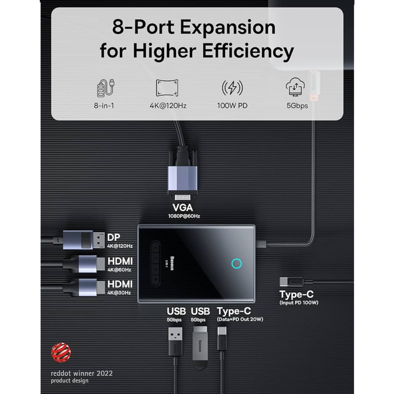 هاب 8 پورت USB-C باسئوس مدل BS-OH082 Focus Series