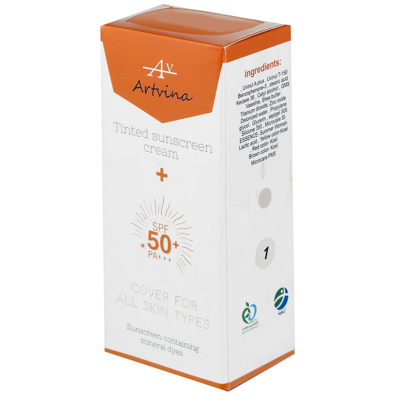 کرم ضد آفتاب رنگی آرت وینا، 50 SPF، مدل 01، مناسب انواع پوست با تنالیته روشن و حجم 50 میلی لیتر، محافظت‌کننده در برابر اشعه‌های UVA و UVB و مرطوب‌کننده، PA+++، ضد جوش و ضد لک، دارای فرمولاسیون تیتانیوم دی اکساید، گلیسیرین، با ماندگاری ۲ ساعته