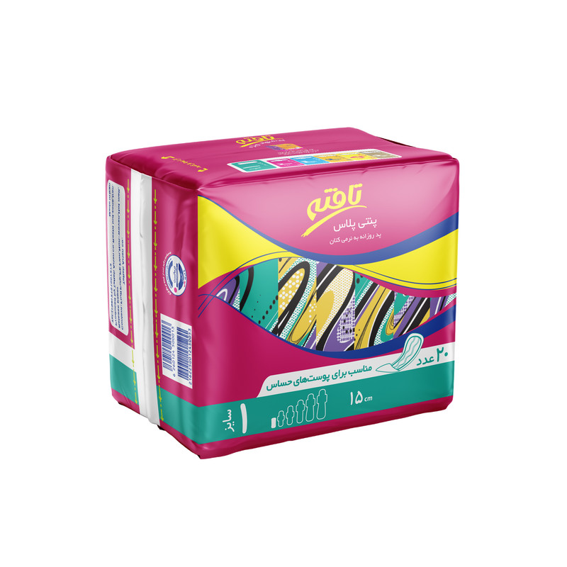 پد بهداشتی روزانه تافته مدل Panty Plus، سایز 1 با ضخامت خیلی نازک، لایه رویی کتان با جذب متوسط، بسته 20 عددی، مناسب برای پوست حساس، بدون بال