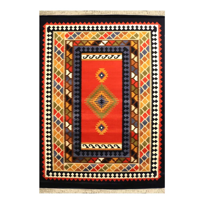 فرش ماشینی 320 شانه زمینه لاکی حاشیه سرمه ای مدل ستاره کویر یزد کلکسیون شاهسون کد SH-O220-8859