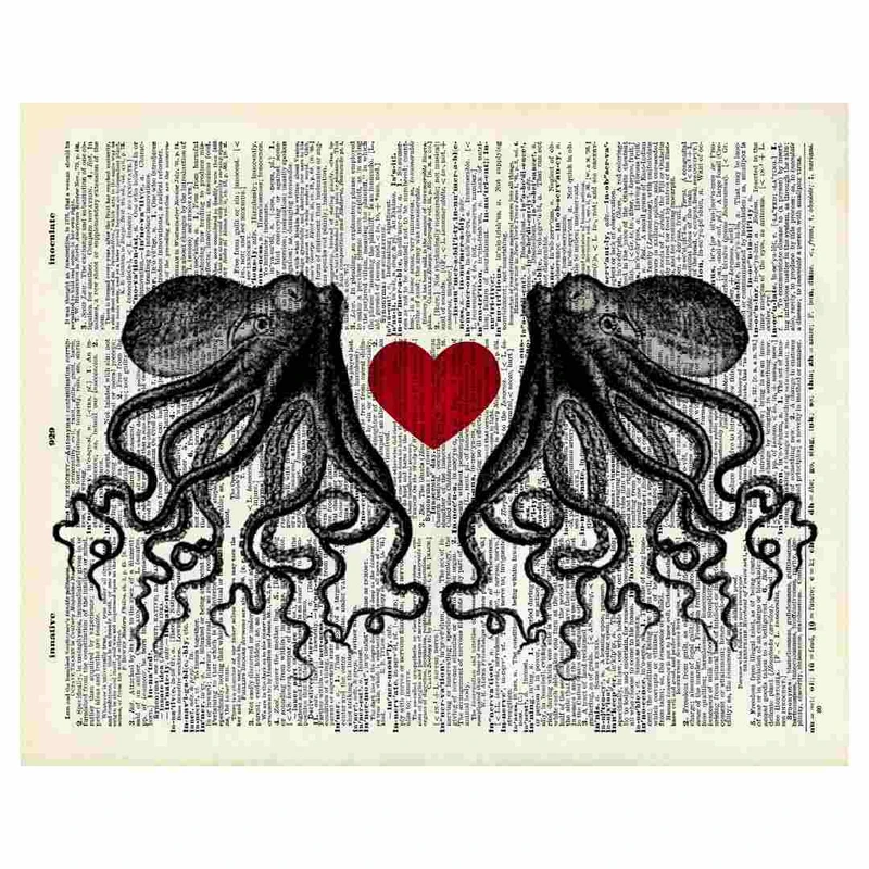 پوستر مدل هنری  جفت هیولای هشت‌پا با قلب قرمز