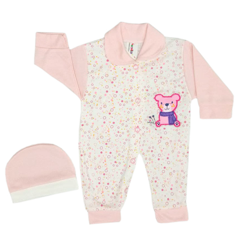 ست سرهمی و کلاه نوزادی طرح خرسی مدل p18 رنگ صورتی