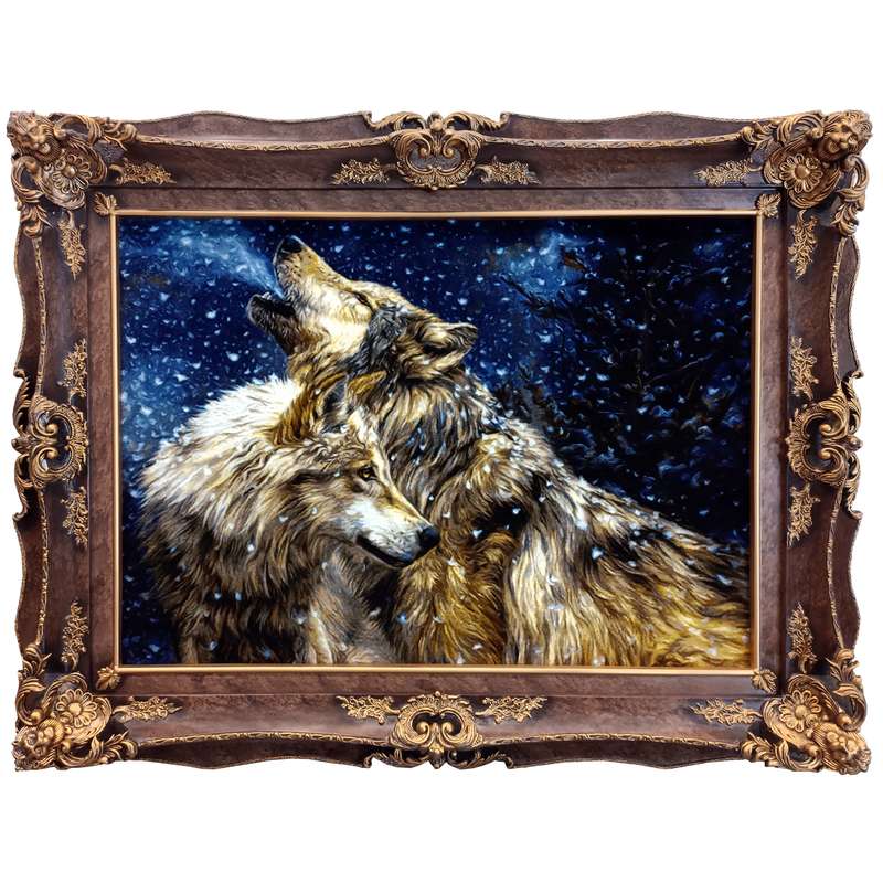 تابلو فرش دستباف مدل گرگ ها در شب برفی کد 56