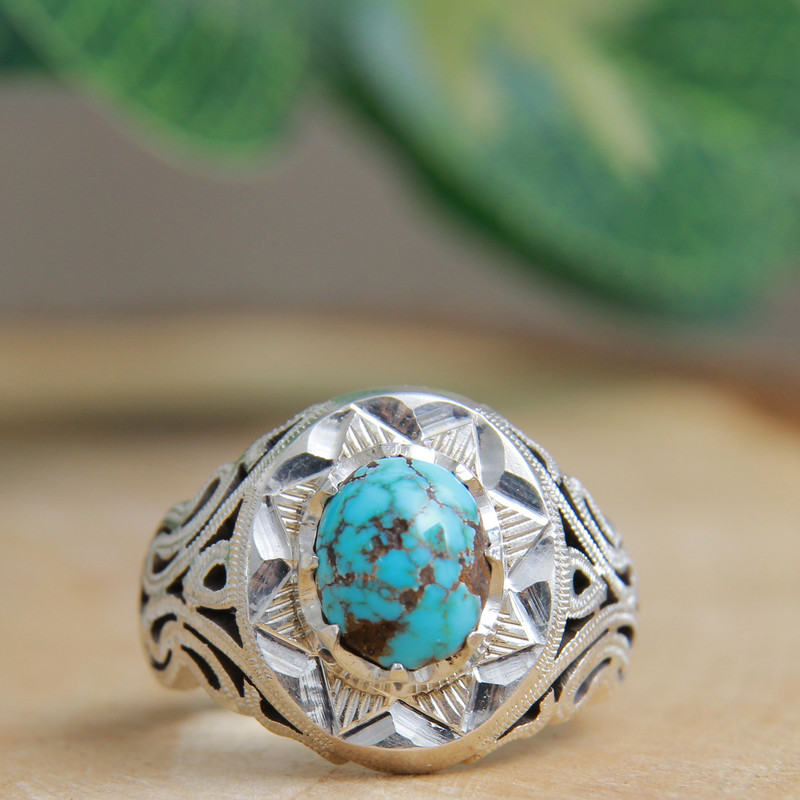 انگشتر نقره مردانه بازرگانی میلادی مدل فیروزه نیشابور رکاب دستساز کد AM_972