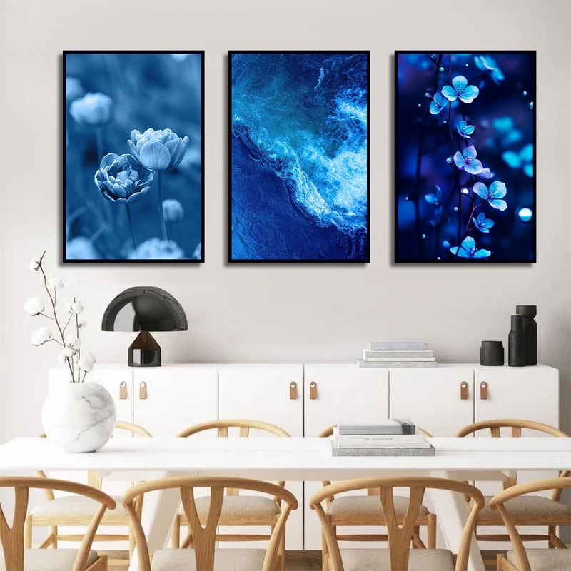 تابلو ساده بکلیت طرح دریا و طبیعت مدل شاین اکلیلی B-3028 فریم مشکی مجموعه 3 عددی