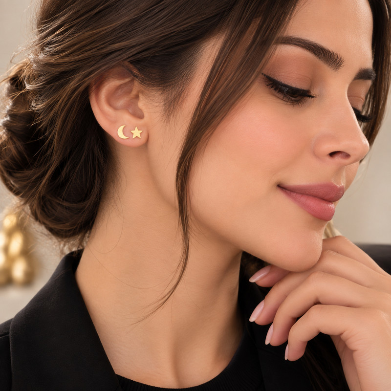 گوشواره میخی طلا 18 عیار زنانه نیکان گلد مدل ماه ستاره - 3