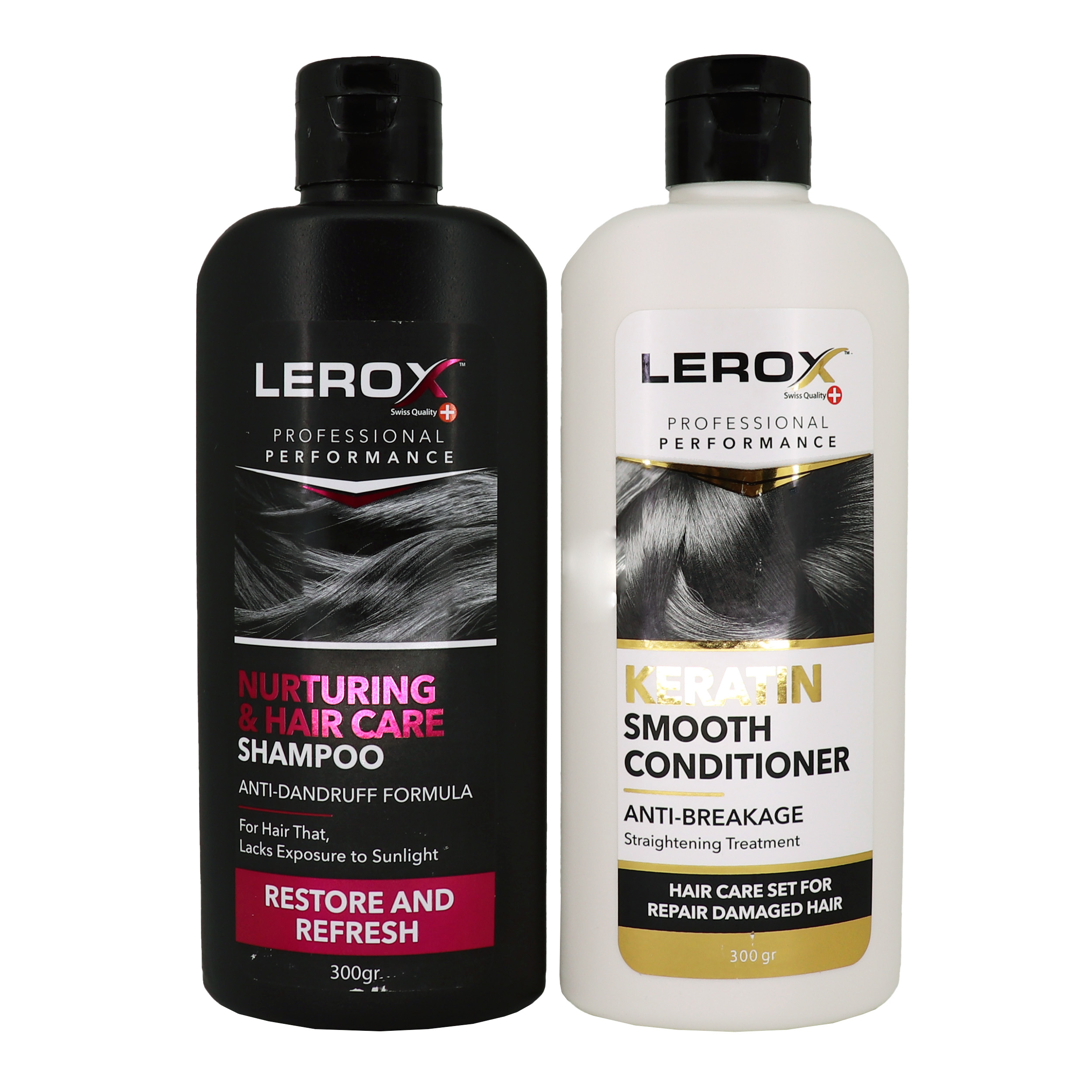 شامپو مو لروکس مدل Nurturing & Hair Care حجم 300 میلی لیتر به همراه نرم کننده مو لروکس مدل Keratin حجم 300 میلی لیتر