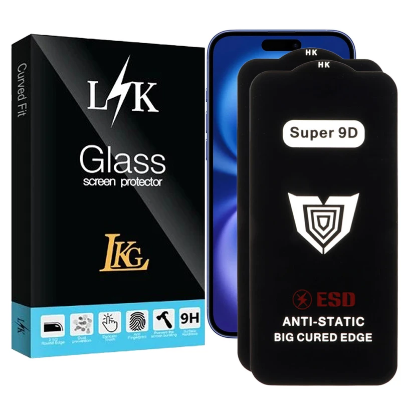 محافظ صفحه نمایش ال کا جی مدل Super 9D مناسب برای گوشی موبایل اپل iPhone 16 بسته 2 عددی