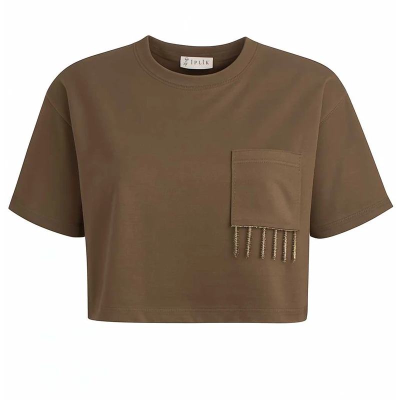 کراپ تی‌شرت زنانه ایپلیک زی مدل جیب دار کد IP22.3
