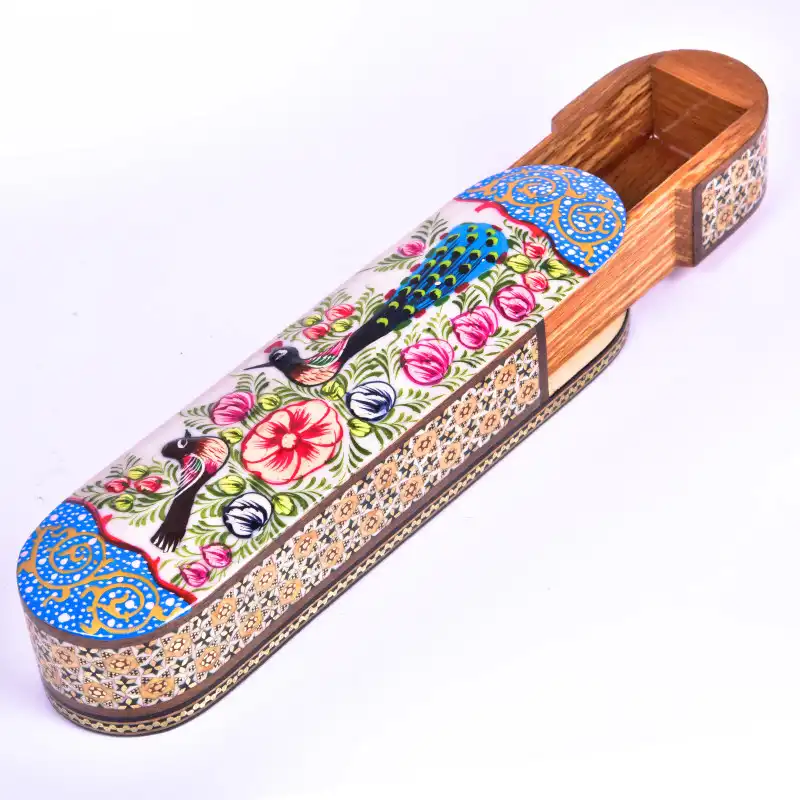 قلمدان خاتم کاری طرح گل و مرغ مدل کشویی کد 22