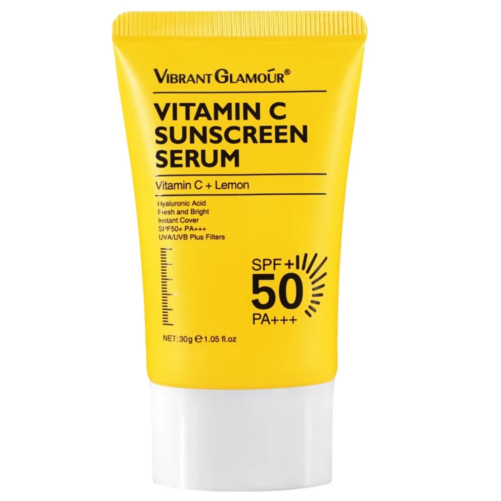 کرم ضد آفتاب بدون رنگ صورت ویبرانت گلمور spf50 مدل ویتامین سی محافظ UVA،UVB مناسب برای انواع پوست وزن 30 گرم