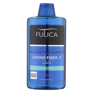 شامپو تقویت‌کننده مو فولیکا مخصوص موهای کم‌حجم و نازک، حجم 400 میلی‌لیتر مدل Amino Fiber، حاوی ویتامین‌های B7 و B6، بدون سولفات، برطرف‌کننده وز مو، آبرسان، محکم‌کننده، حاوی عصاره‌های سبوس برنج، رزماری