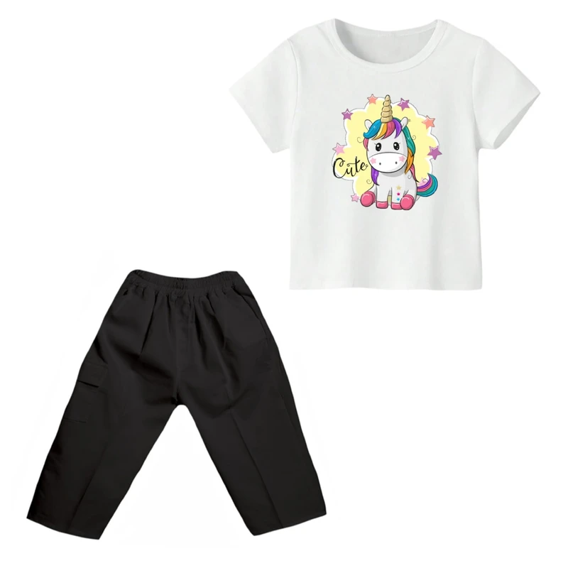 ست تی شرت و شلوارک دخترانه مدل یونیکورن کد ۳۹ رنگ سفید