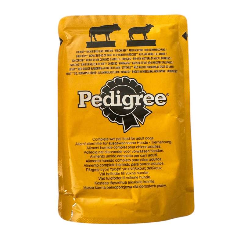 پوچ سگ پدیگری مدل تکه های گوشت بره و گوشت گاو وزن ۱۰۰ گرم