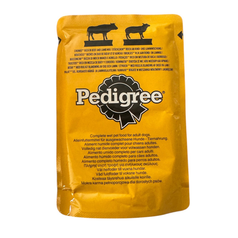 پوچ سگ پدیگری مدل تکه های گوشت بره و گوشت گاو وزن ۱۰۰ گرم