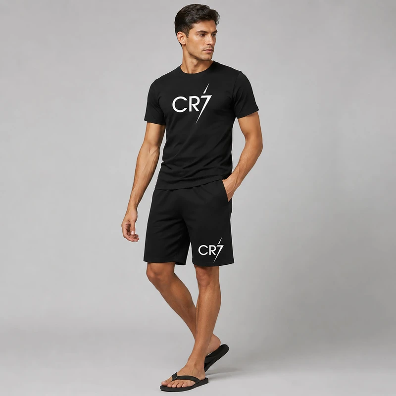 ست تی شرت آستین کوتاه و شلوارک راحتی مردانه مدل A112 CR7