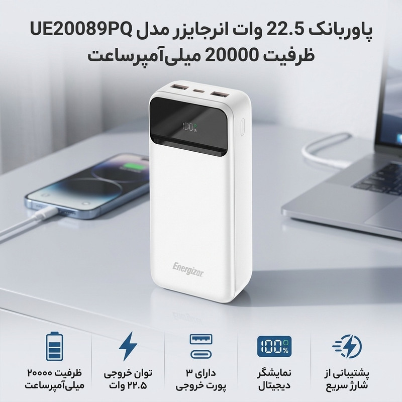 خرید و قیمت پاوربانک 22.5 وات انرجایزر مدل UE20089PQ ظرفیت 20000 میلی‌آمپرساعت