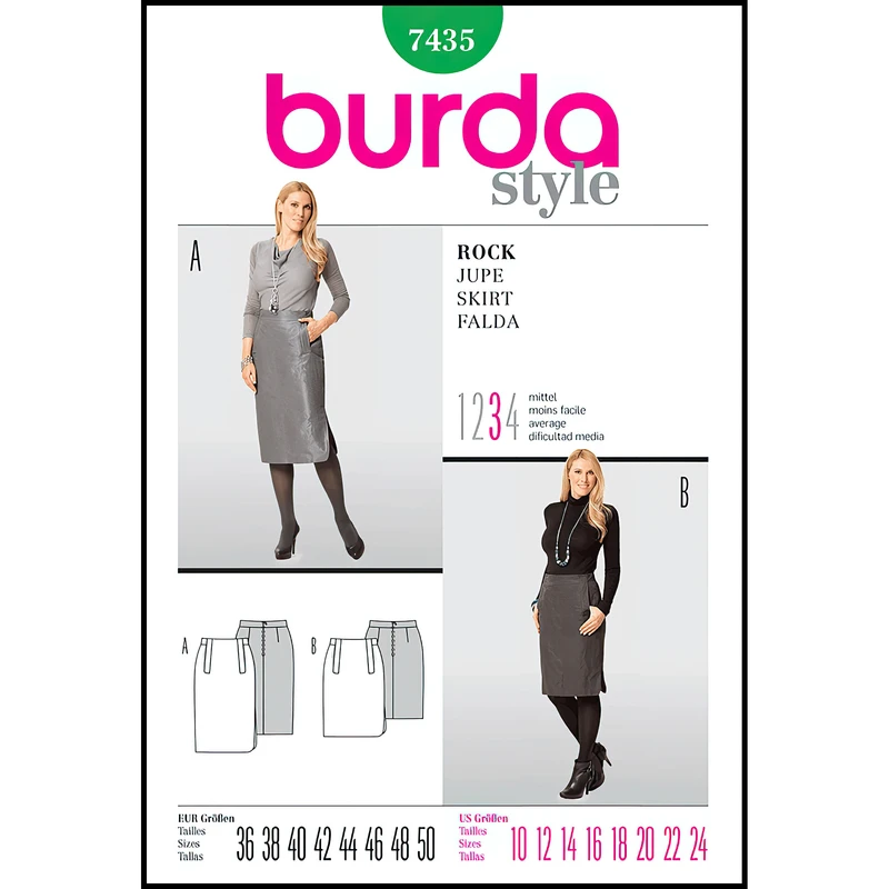 الگو خیاطی دامن زنانه بوردا استایل کد 7435 سایز 36 تا 50 متد مولر