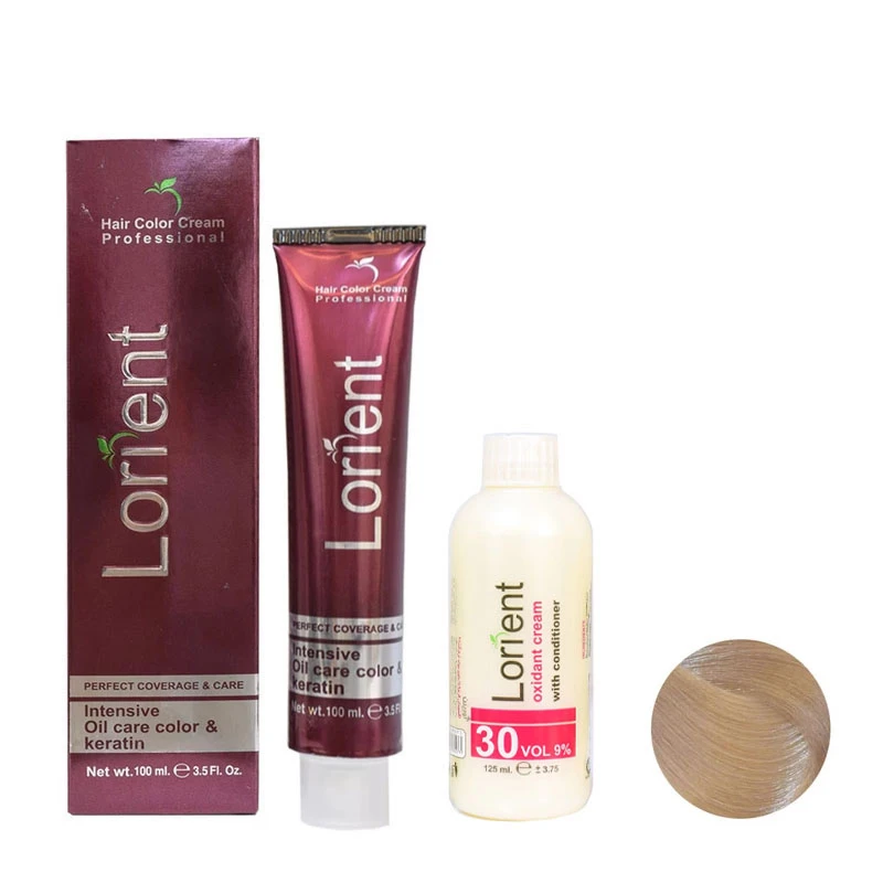 رنگ مو لورینت شماره C9 حجم 100 میلی لیتر رنگ بلوند نقره ای به همراه اکسیدان مدل 2 نه درصدی حجم 125 میلی لیتر