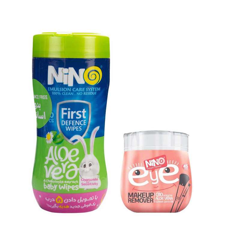 دستمال مرطوب نینو مدل eye بسته 45 عددی به همراه دستمال مرطوب نینو مدل عصاره آلوئه ورا بسته 70 عددی