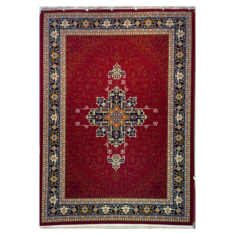 فرش ماشینی 700 شانه زمینه لاکی حاشیه سرمه ای مدل آکرولیک قشقایی تراکم 2100 کد 110