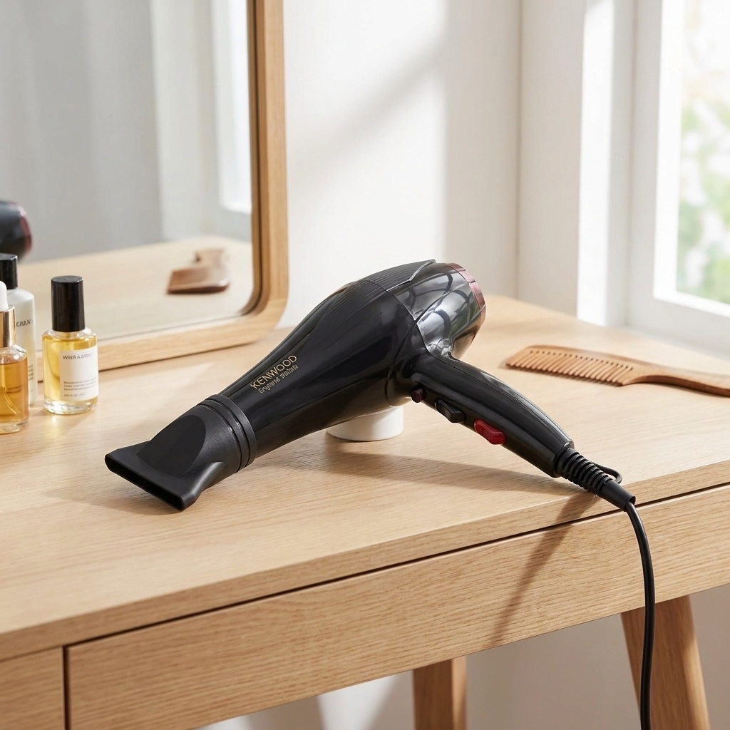 سشوار خانگی 2400 وات کنوود مدل KW-1011، موتور AC، وزن 500 گرم، المنت تیتانیوم، دارای سری متمرکز‌کننده باریک با ویژگی صاف‌کنندگی، با قابلیت تنظیم دما، باد سرد، سیم گردان